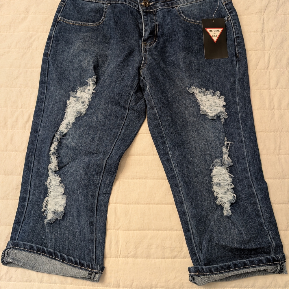 Stylish Blue Distressed Women Capris Size 8